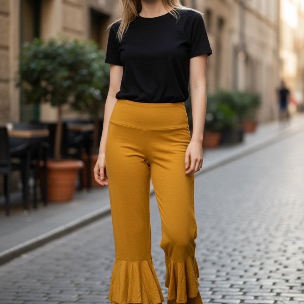 High-Waist Mustard Ruffle Hem Wide-Leg Pants